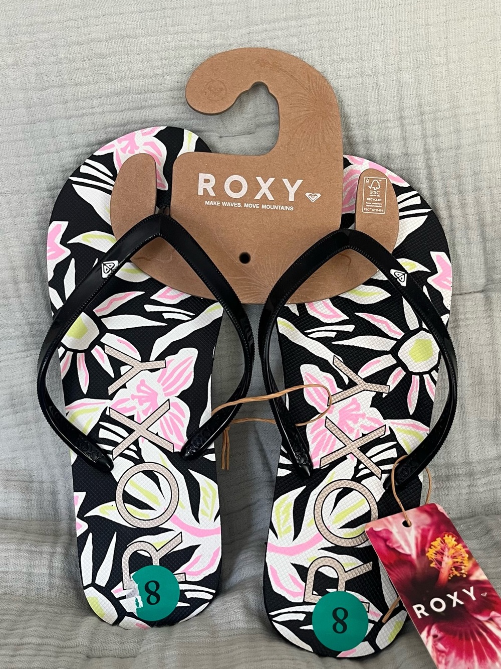 Roxy Black Floral Flip Flop Sandals with Pink and Lime Accents